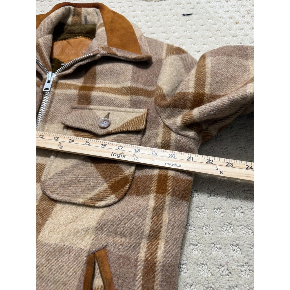 Vintage 1960s Woolrich Wool Plaid Jacket Brown Faux Fur Lined Talon Zip Mens S - Picture 7 of 10